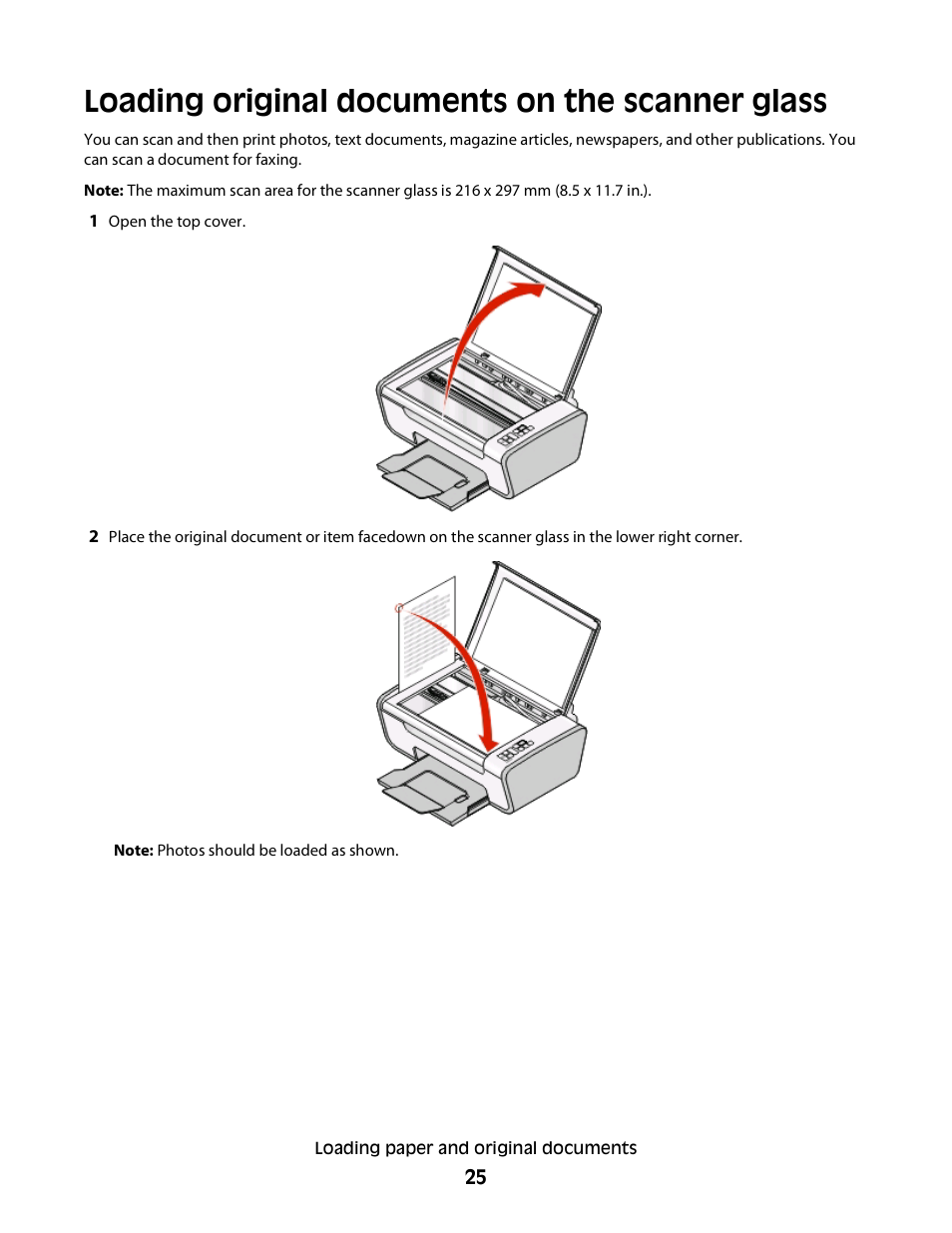 Loading original documents on the scanner glass | Lexmark 2600 SERIES 4433 User Manual | Page 25 / 74