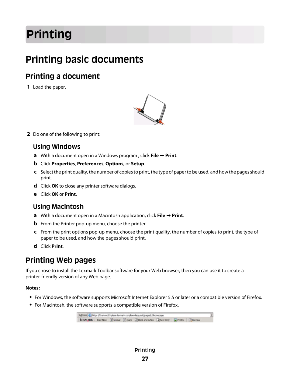 Printing, Printing basic documents, Printing a document | Printing web pages | Lexmark 2600 SERIES 4433 User Manual | Page 27 / 74