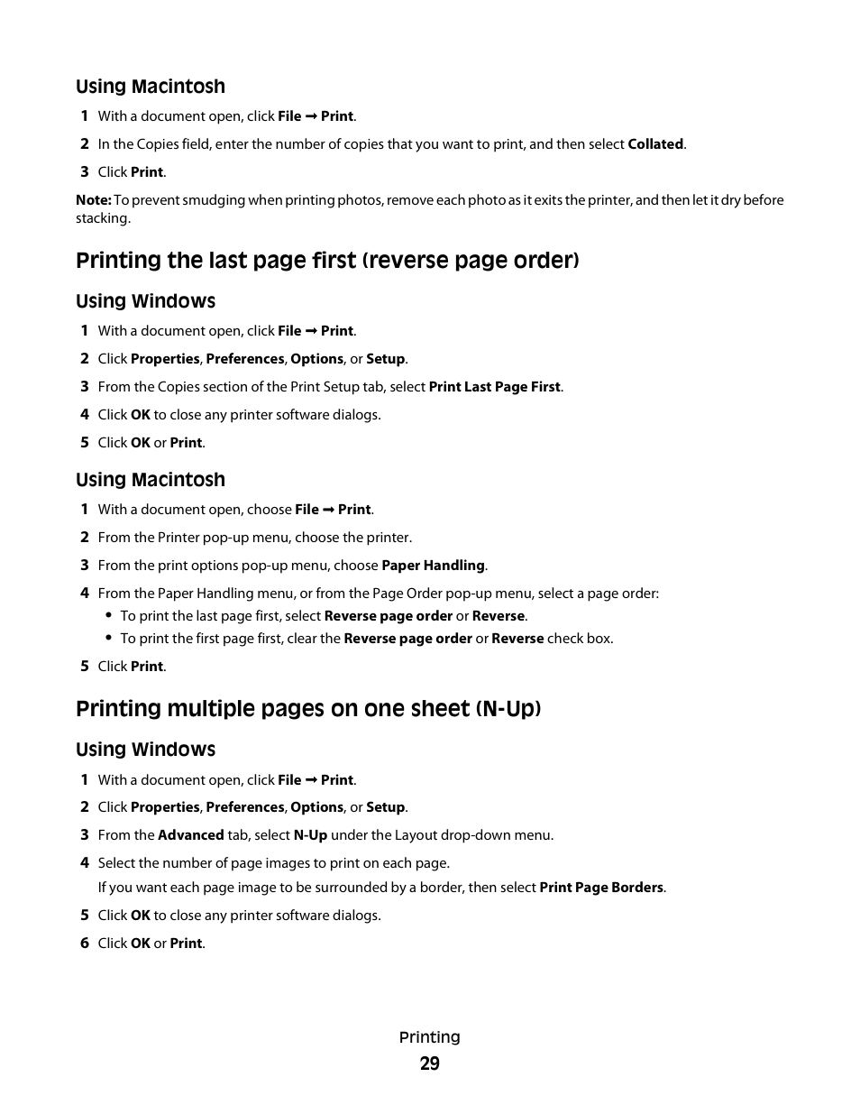 Printing the last page first (reverse page order), Printing multiple pages on one sheet (n-up) | Lexmark 2600 SERIES 4433 User Manual | Page 29 / 74