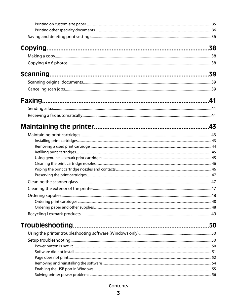 Copying, Scanning, Faxing | Maintaining the printer, Troubleshooting | Lexmark 2600 SERIES 4433 User Manual | Page 3 / 74