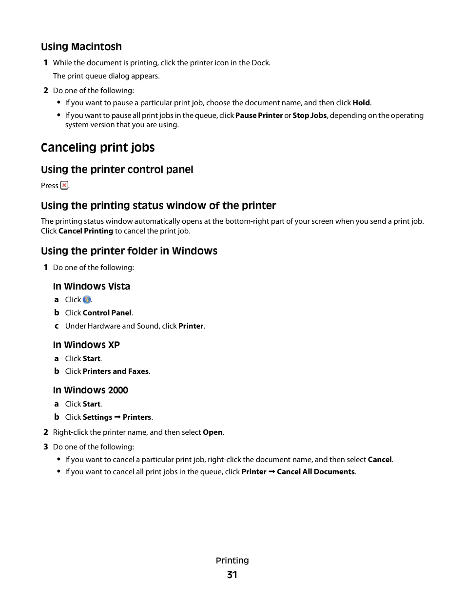 Canceling print jobs | Lexmark 2600 SERIES 4433 User Manual | Page 31 / 74