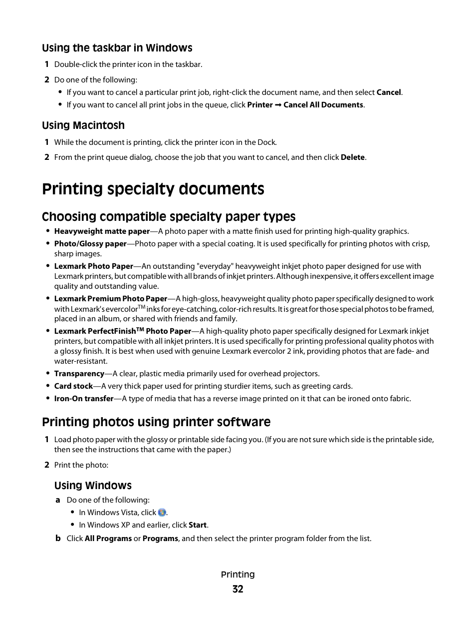 Printing specialty documents, Choosing compatible specialty paper types, Printing photos using printer software | Lexmark 2600 SERIES 4433 User Manual | Page 32 / 74