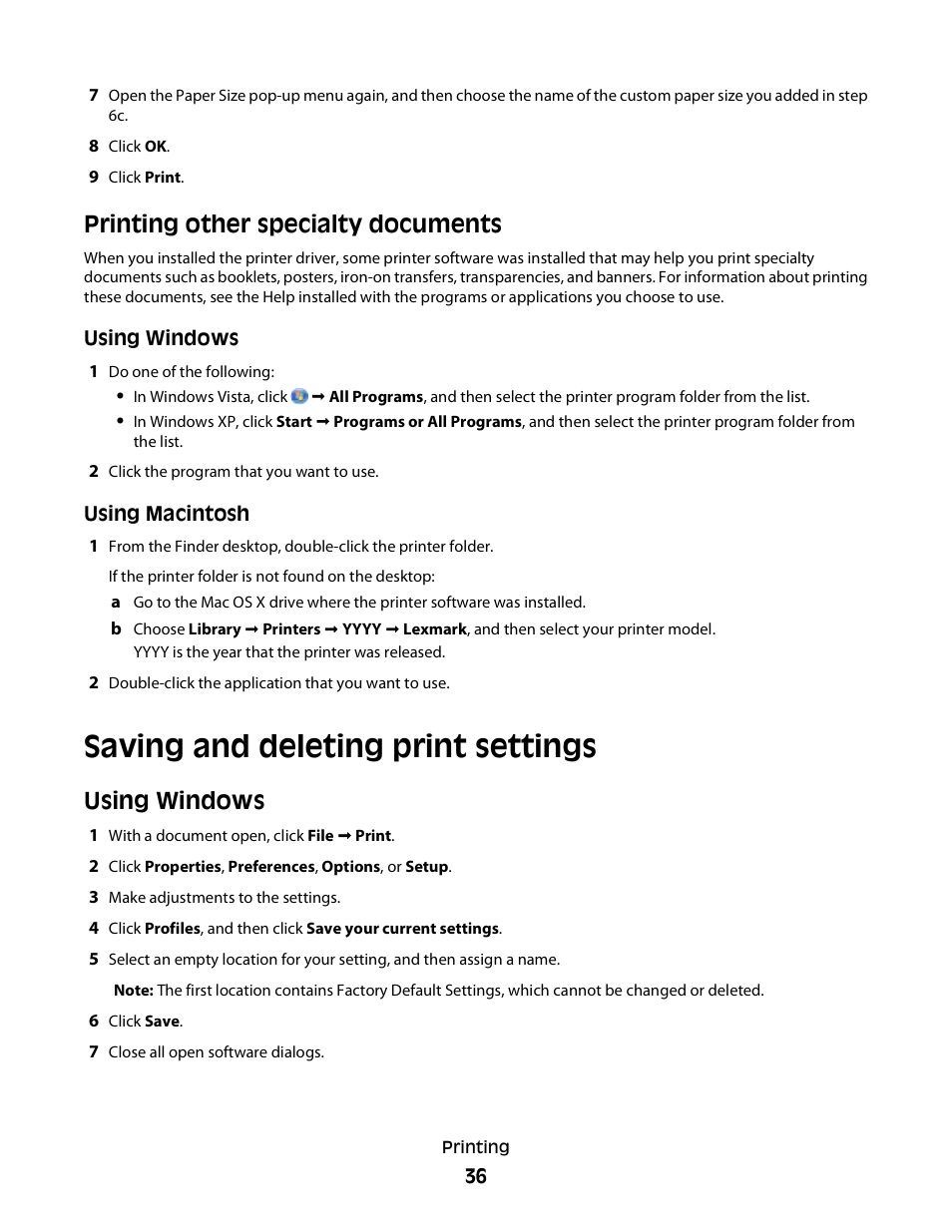 Printing other specialty documents, Saving and deleting print settings, Using windows | Lexmark 2600 SERIES 4433 User Manual | Page 36 / 74