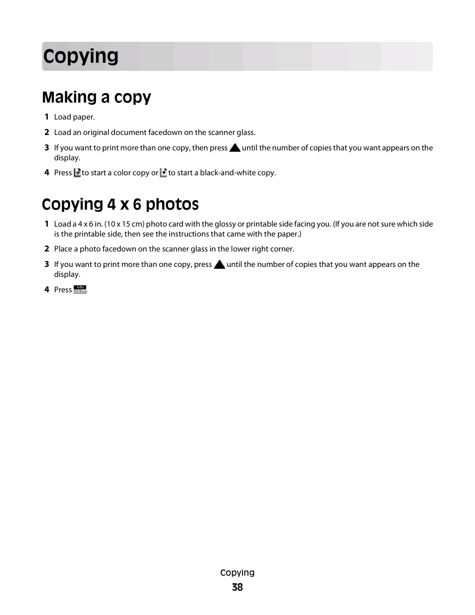 Copying, Making a copy, Copying 4 x 6 photos | Lexmark 2600 SERIES 4433 User Manual | Page 38 / 74