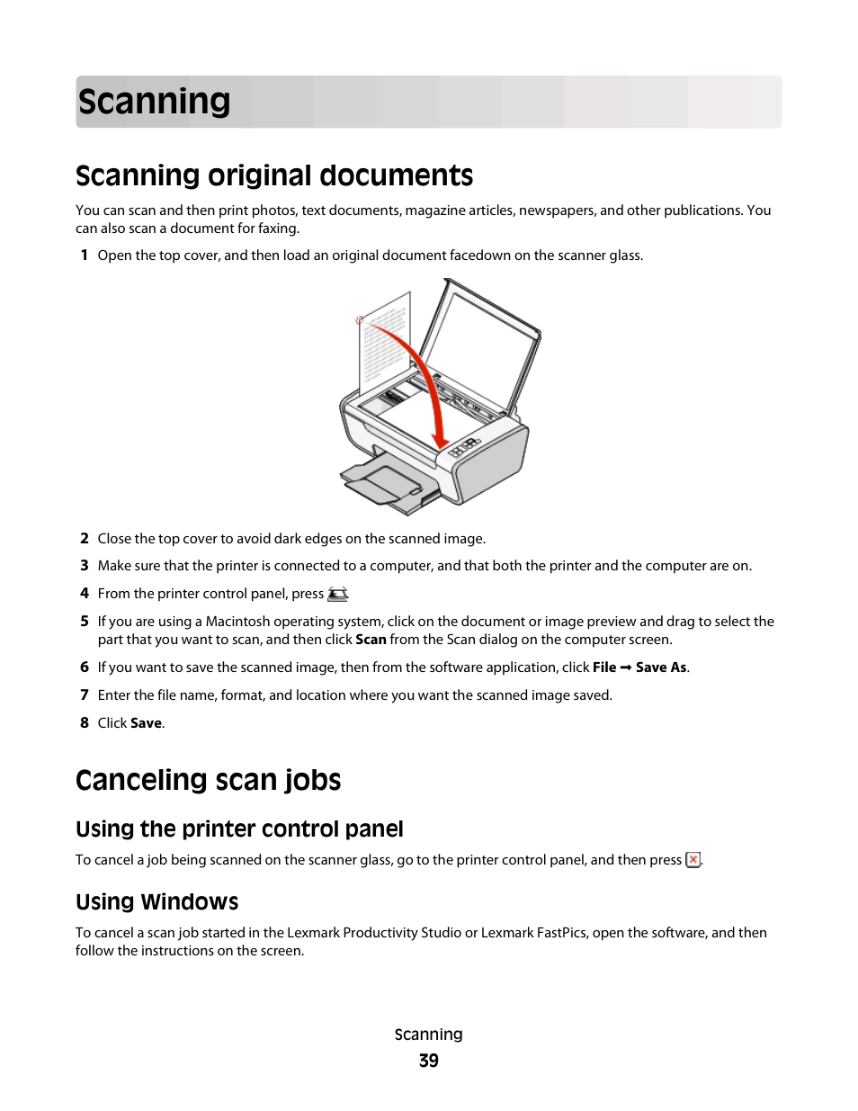 Scanning, Scanning original documents, Canceling scan jobs | Using the printer control panel, Using windows | Lexmark 2600 SERIES 4433 User Manual | Page 39 / 74