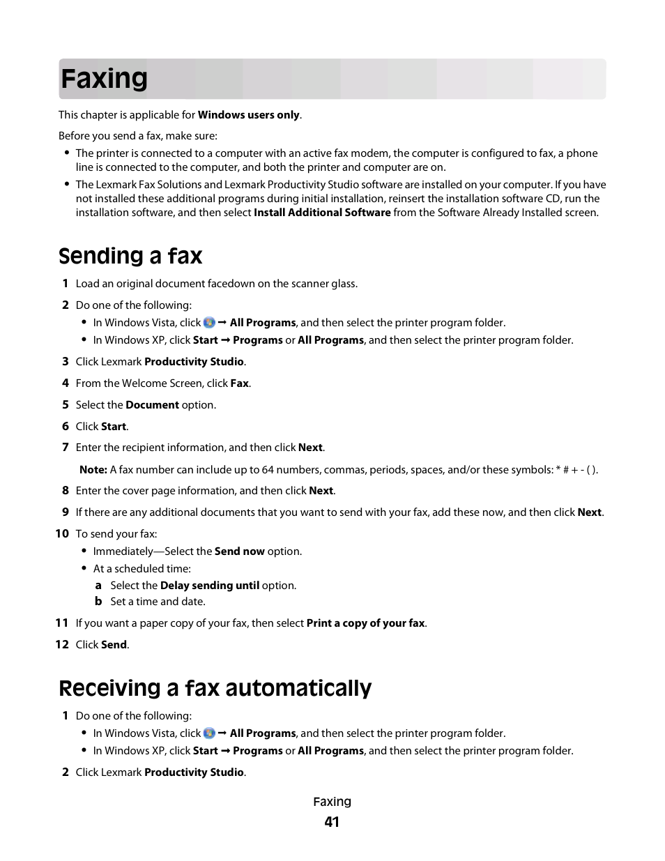 Faxing, Sending a fax, Receiving a fax automatically | Lexmark 2600 SERIES 4433 User Manual | Page 41 / 74