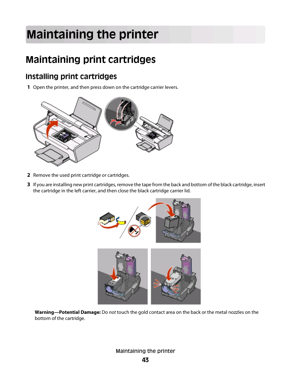Maintaining the printer, Maintaining print cartridges, Installing print cartridges | Lexmark 2600 SERIES 4433 User Manual | Page 43 / 74