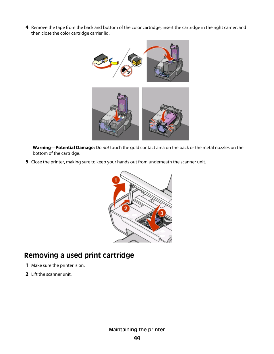 Removing a used print cartridge | Lexmark 2600 SERIES 4433 User Manual | Page 44 / 74