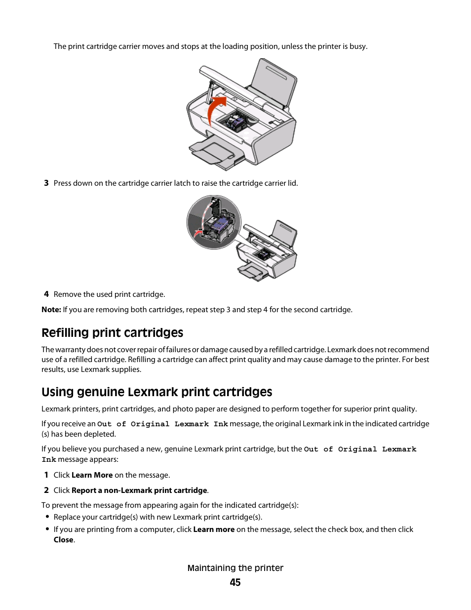 Refilling print cartridges, Using genuine lexmark print cartridges | Lexmark 2600 SERIES 4433 User Manual | Page 45 / 74
