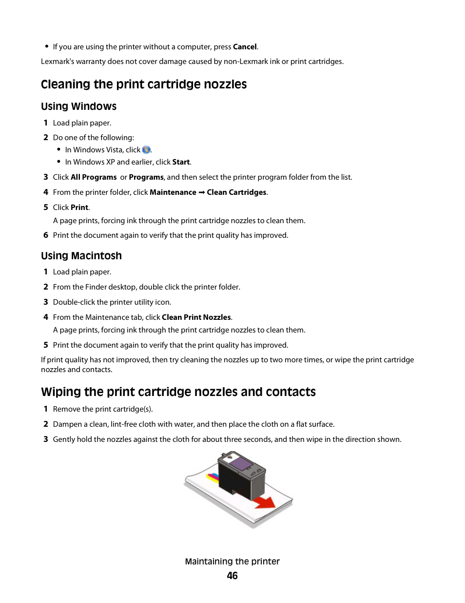 Cleaning the print cartridge nozzles, Wiping the print cartridge nozzles and contacts | Lexmark 2600 SERIES 4433 User Manual | Page 46 / 74