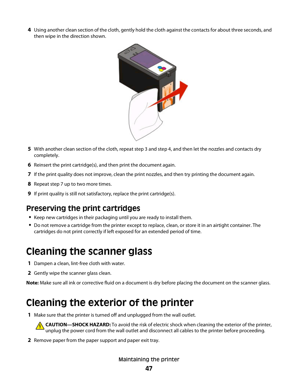 Preserving the print cartridges, Cleaning the scanner glass, Cleaning the exterior of the printer | Lexmark 2600 SERIES 4433 User Manual | Page 47 / 74