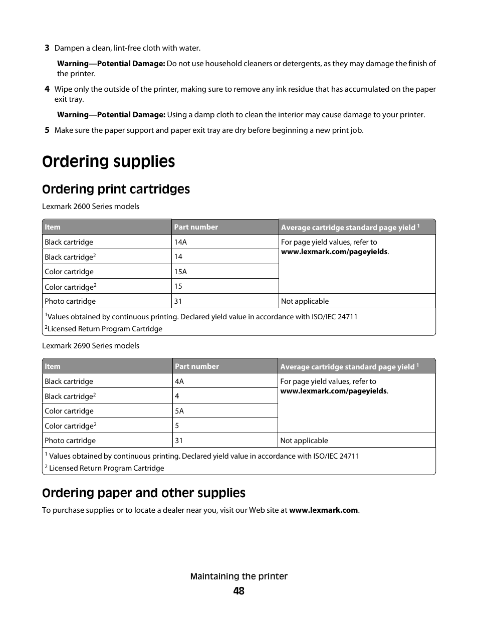 Ordering supplies, Ordering print cartridges, Ordering paper and other supplies | Lexmark 2600 SERIES 4433 User Manual | Page 48 / 74