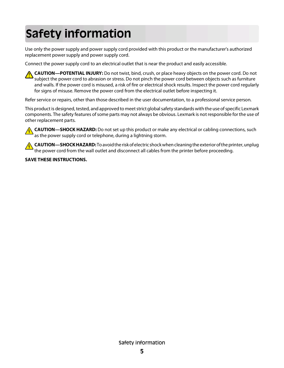 Safety information | Lexmark 2600 SERIES 4433 User Manual | Page 5 / 74