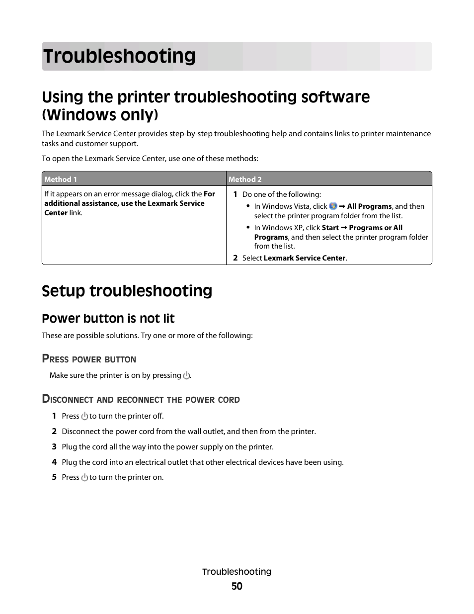Troubleshooting, Setup troubleshooting, Power button is not lit | Lexmark 2600 SERIES 4433 User Manual | Page 50 / 74