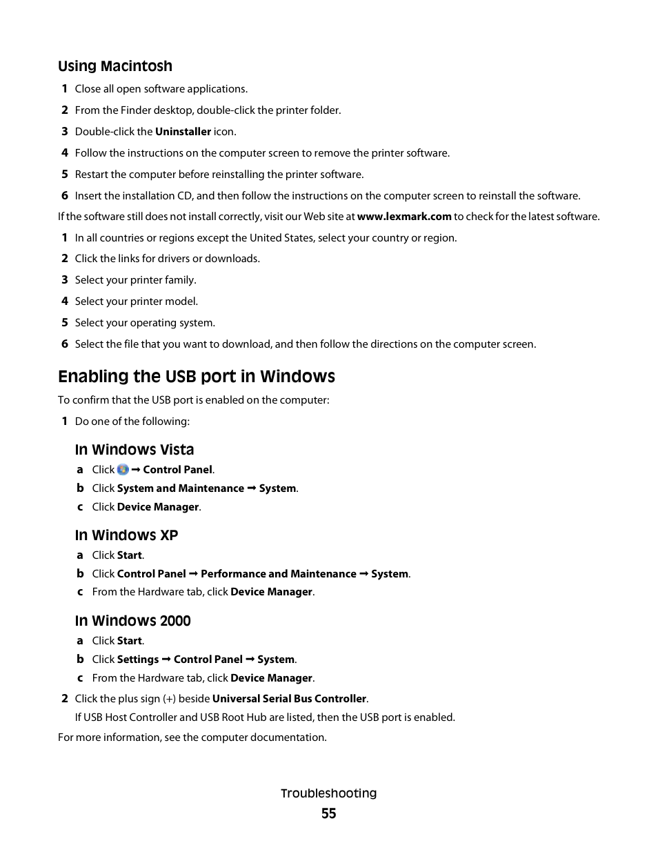 Enabling the usb port in windows | Lexmark 2600 SERIES 4433 User Manual | Page 55 / 74