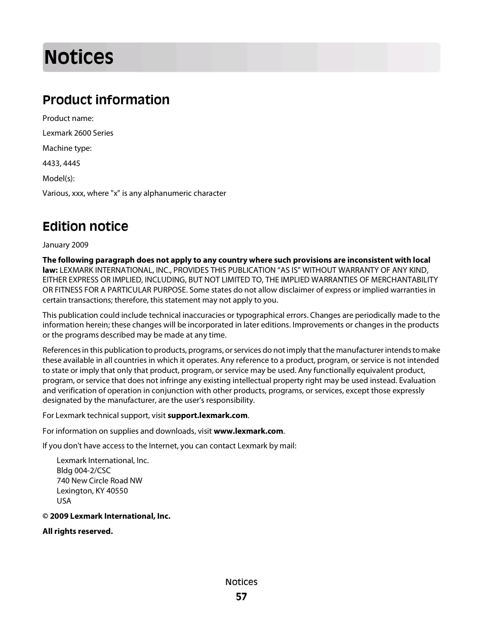 Notices, Product information, Edition notice | Lexmark 2600 SERIES 4433 User Manual | Page 57 / 74
