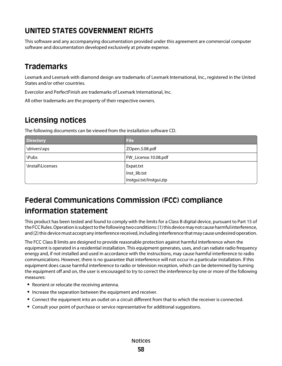 United states government rights, Trademarks, Licensing notices | Lexmark 2600 SERIES 4433 User Manual | Page 58 / 74