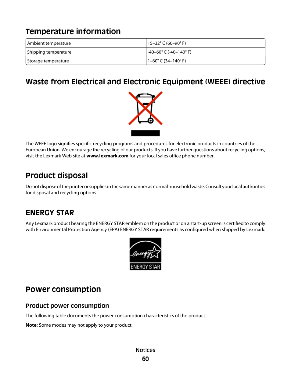 Temperature information, Product disposal, Energy star | Power consumption, Product power consumption | Lexmark 2600 SERIES 4433 User Manual | Page 60 / 74