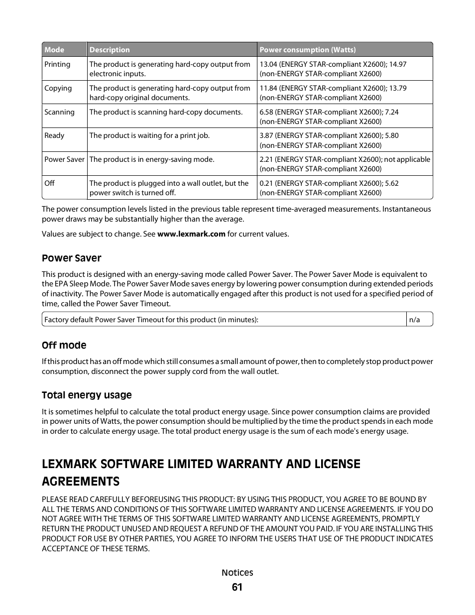 Power saver, Off mode, Total energy usage | Lexmark 2600 SERIES 4433 User Manual | Page 61 / 74