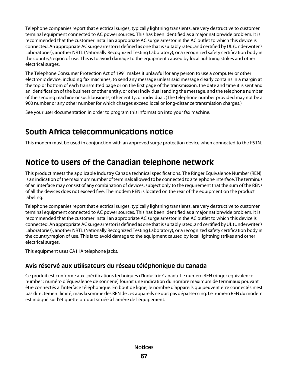 South africa telecommunications notice, Notice to users of the canadian telephone network | Lexmark 2600 SERIES 4433 User Manual | Page 67 / 74