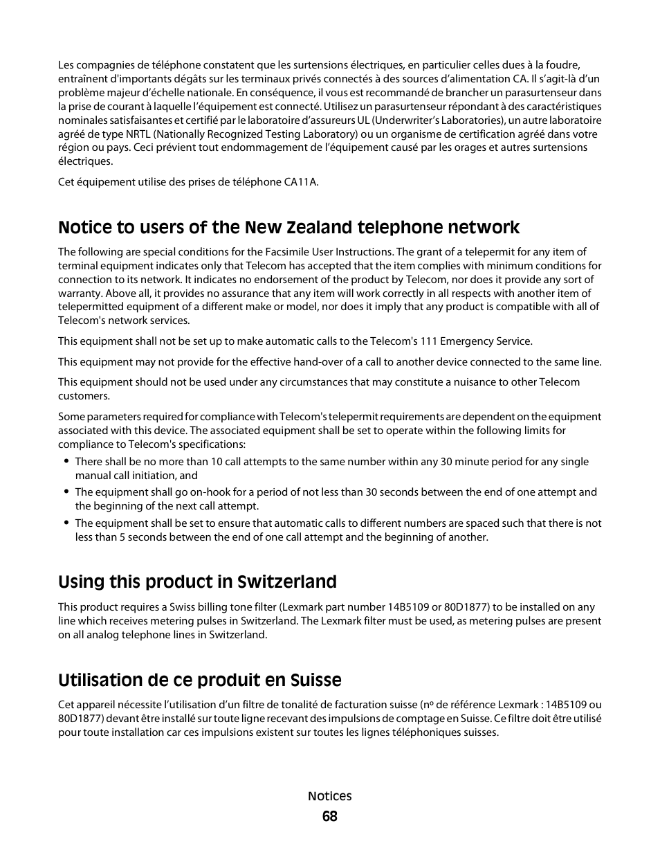 Using this product in switzerland, Utilisation de ce produit en suisse | Lexmark 2600 SERIES 4433 User Manual | Page 68 / 74