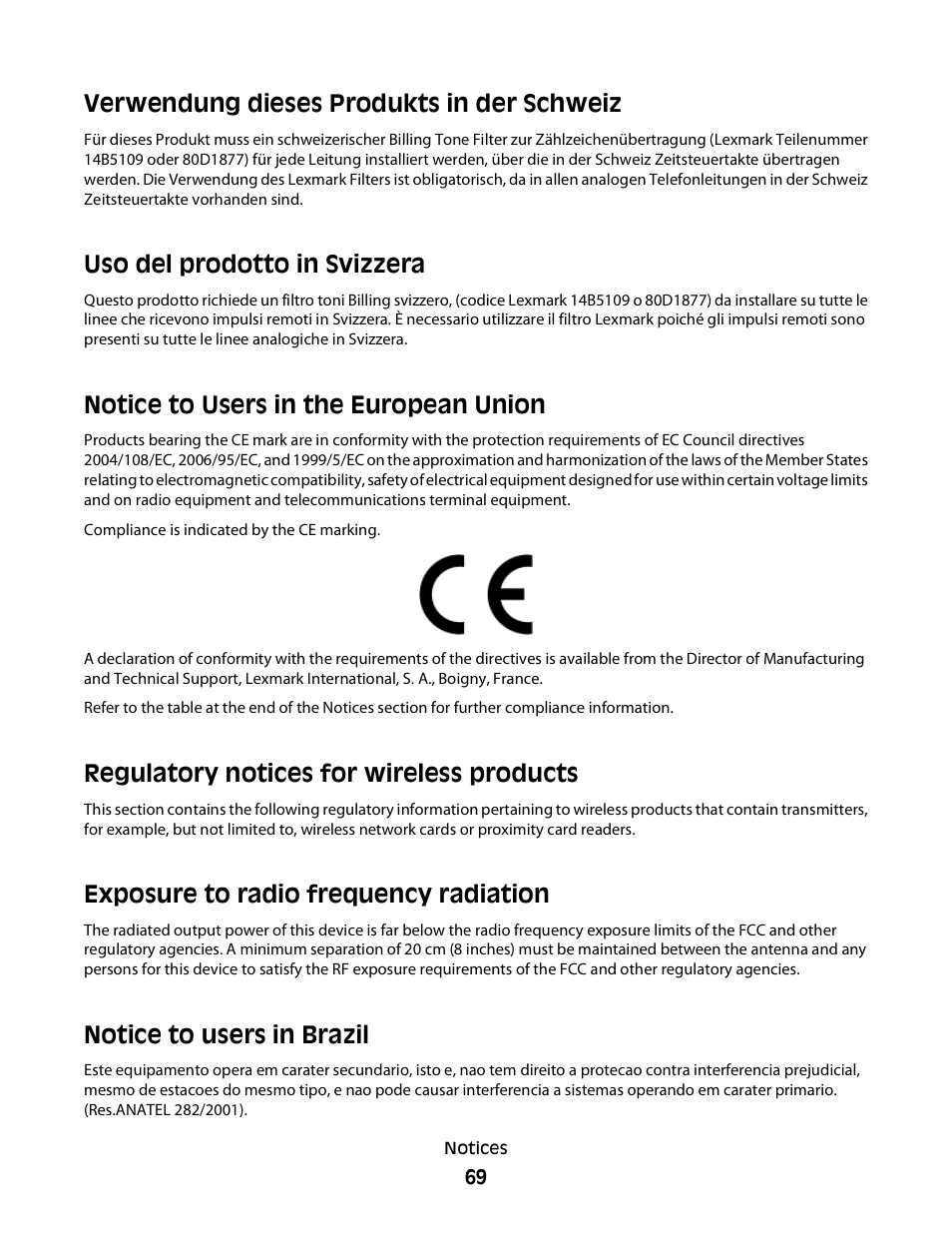 Notice to users in the european union, Regulatory notices for wireless products, Exposure to radio frequency radiation | Notice to users in brazil, Verwendung dieses produkts in der schweiz, Uso del prodotto in svizzera | Lexmark 2600 SERIES 4433 User Manual | Page 69 / 74