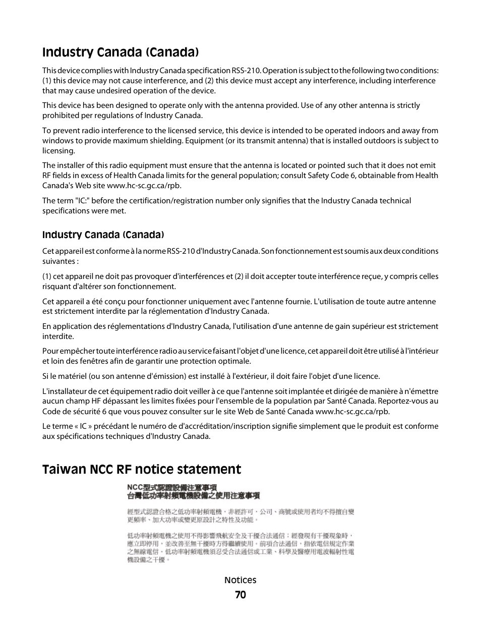 Industry canada (canada), Taiwan ncc rf notice statement | Lexmark 2600 SERIES 4433 User Manual | Page 70 / 74