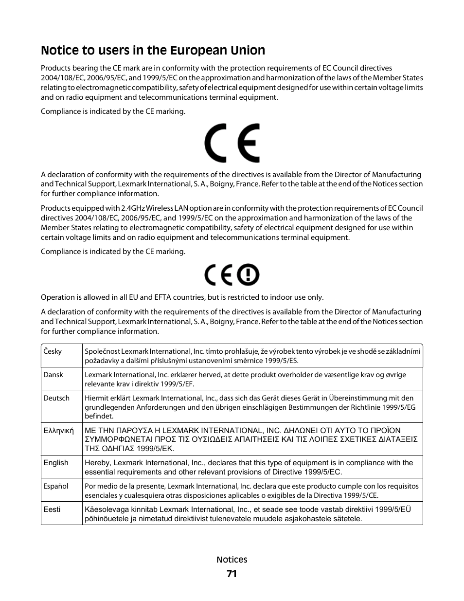 Notice to users in the european union | Lexmark 2600 SERIES 4433 User Manual | Page 71 / 74