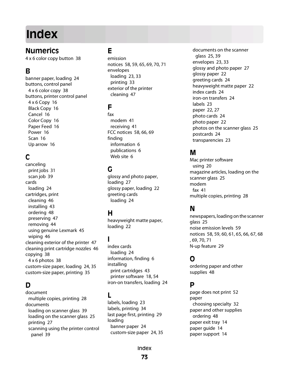 Index, Numerics | Lexmark 2600 SERIES 4433 User Manual | Page 73 / 74