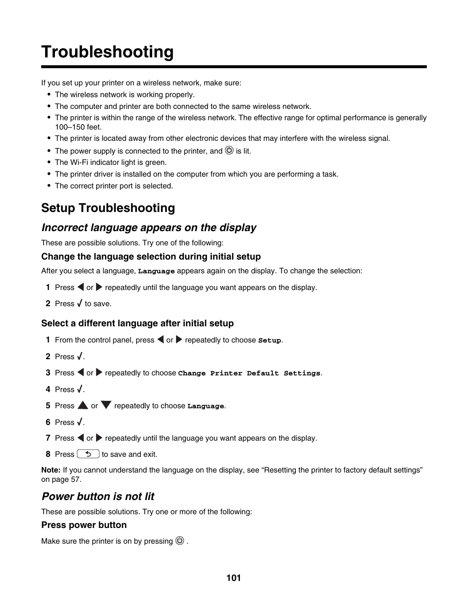 Troubleshooting, Setup troubleshooting, Incorrect language appears on the display | Power button is not lit | Lexmark 4800 Series User Manual | Page 101 / 176