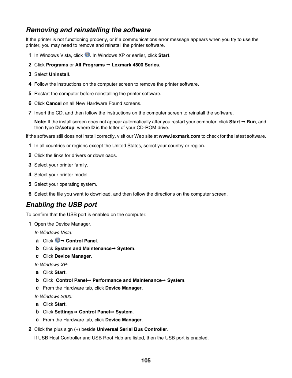 Removing and reinstalling the software, Enabling the usb port | Lexmark 4800 Series User Manual | Page 105 / 176