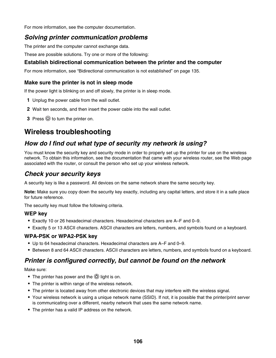 Solving printer communication problems, Wireless troubleshooting, Check your security keys | Lexmark 4800 Series User Manual | Page 106 / 176