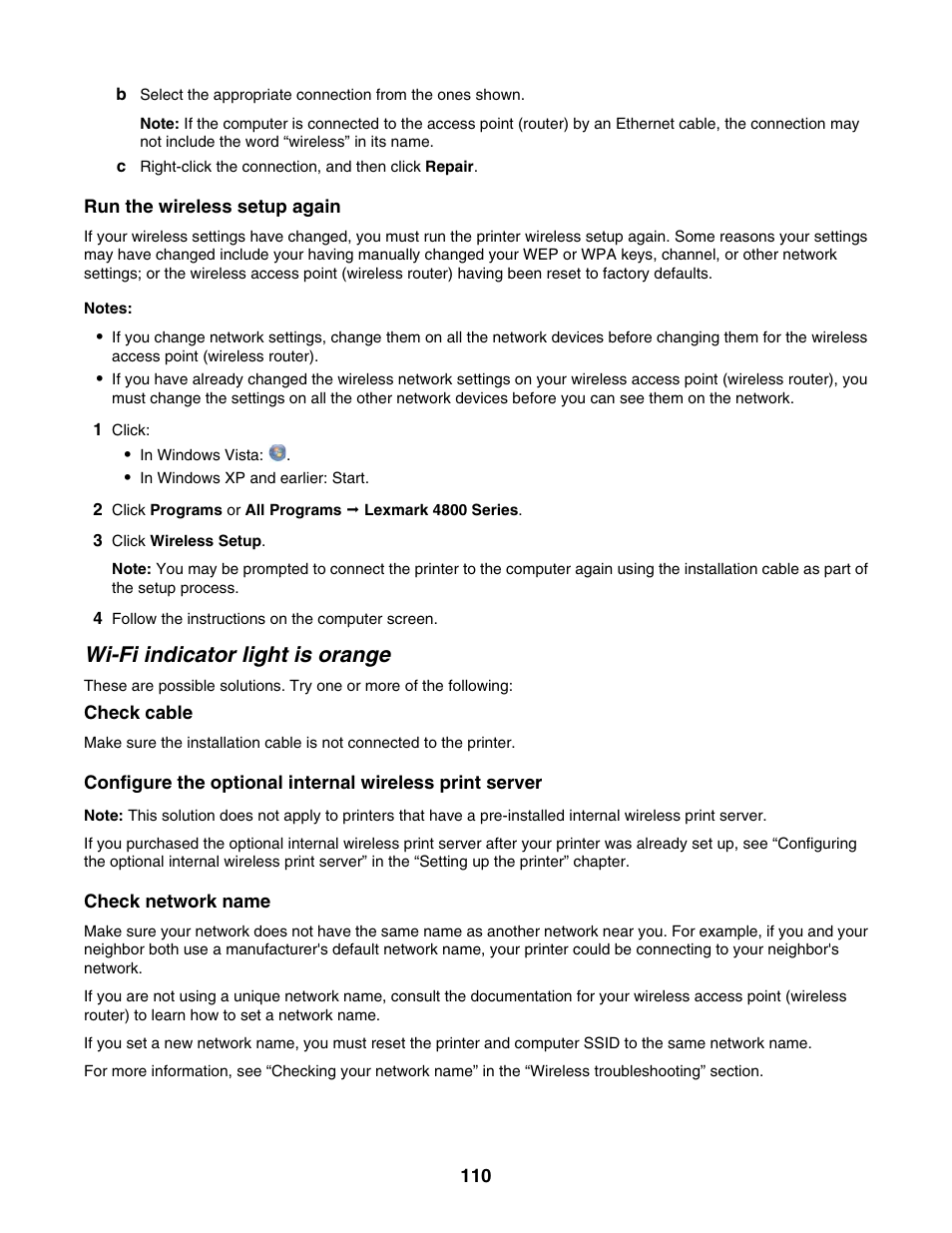 Wi-fi indicator light is orange | Lexmark 4800 Series User Manual | Page 110 / 176