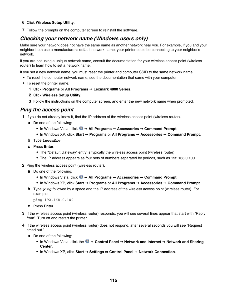 Checking your network name (windows users only), Ping the access point | Lexmark 4800 Series User Manual | Page 115 / 176