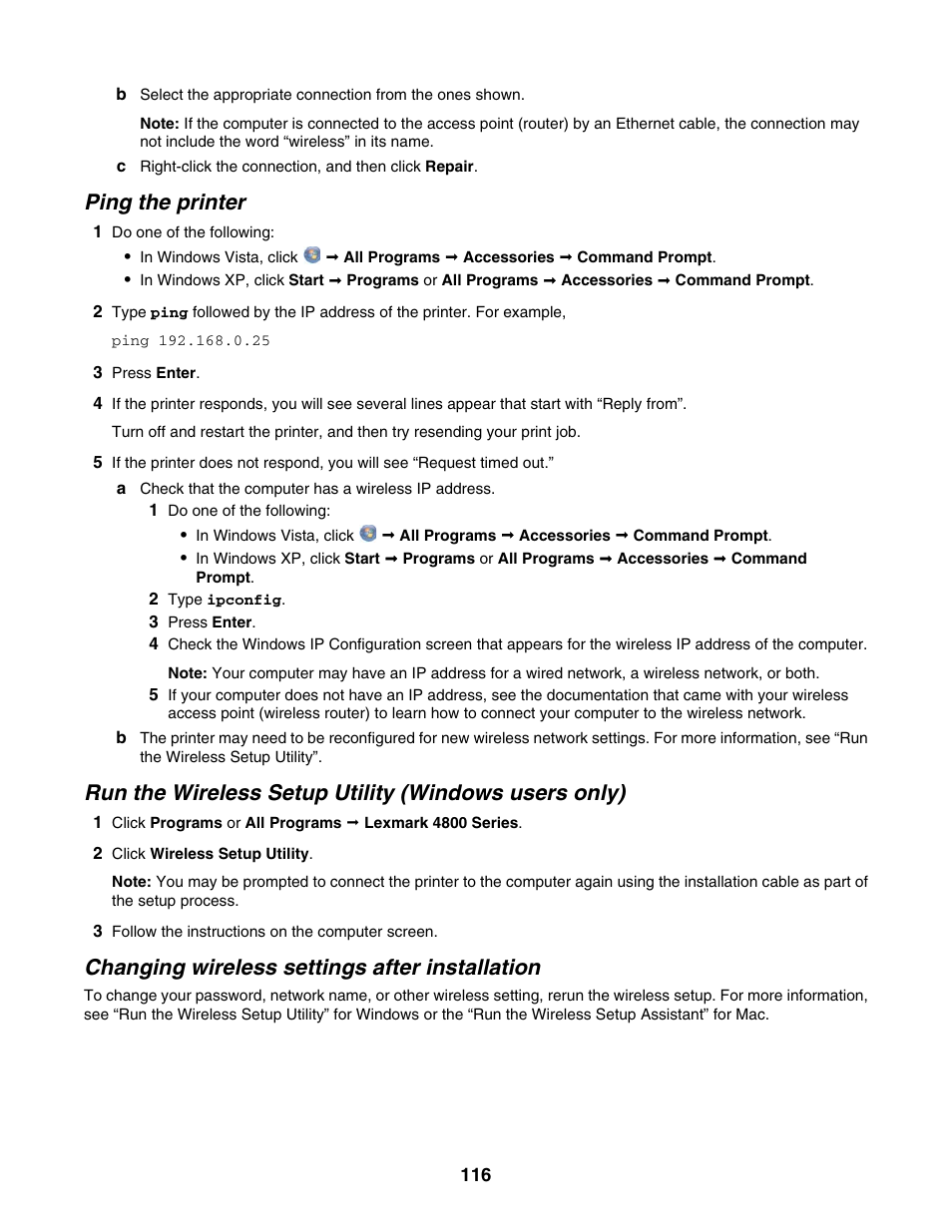 Ping the printer, Changing wireless settings after installation | Lexmark 4800 Series User Manual | Page 116 / 176