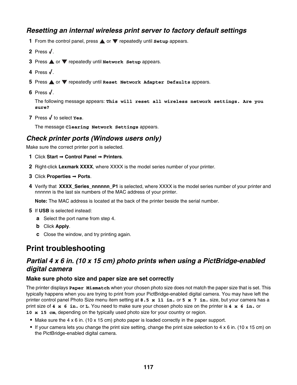 Check printer ports (windows users only), Print troubleshooting | Lexmark 4800 Series User Manual | Page 117 / 176