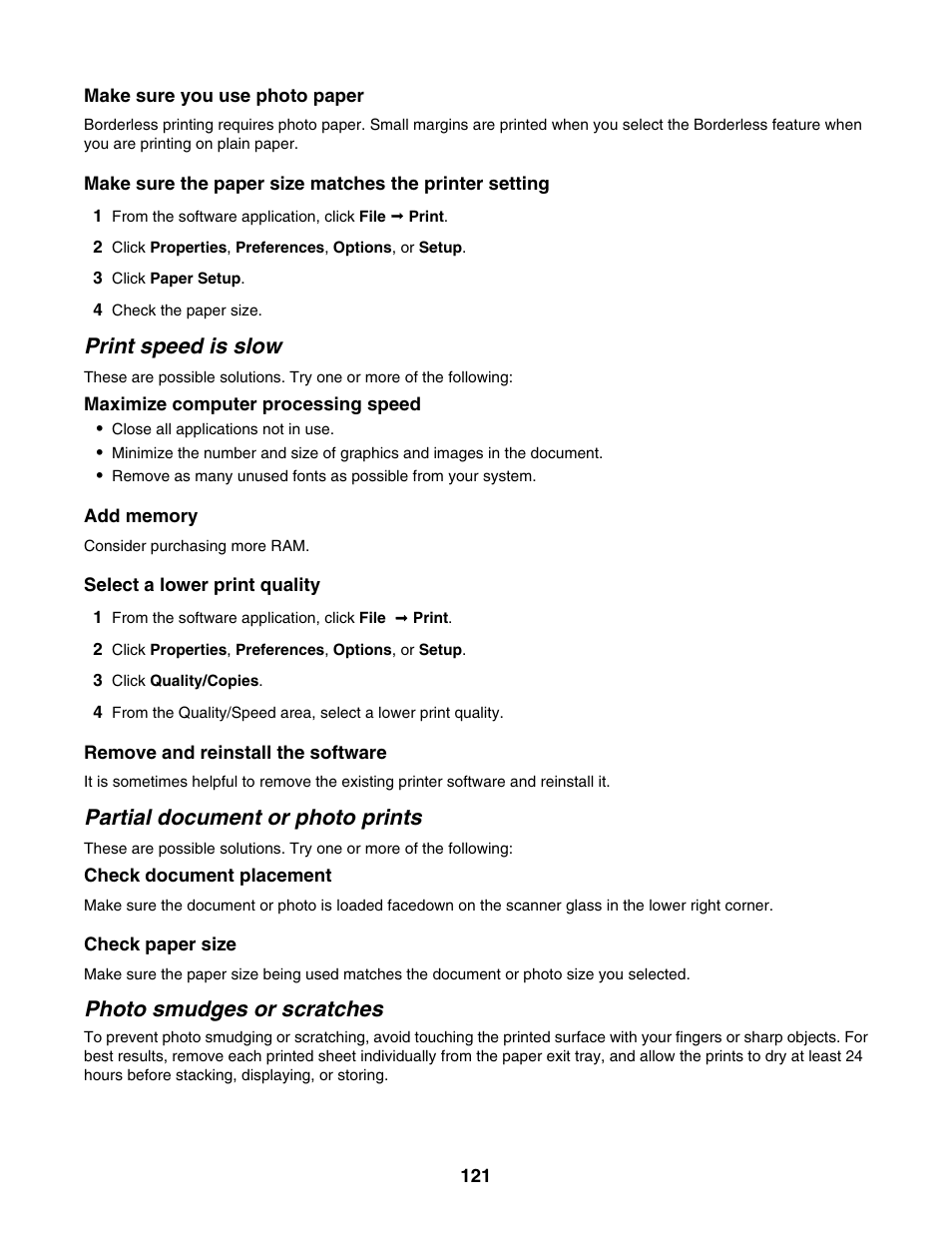 Print speed is slow, Partial document or photo prints, Photo smudges or scratches | Lexmark 4800 Series User Manual | Page 121 / 176