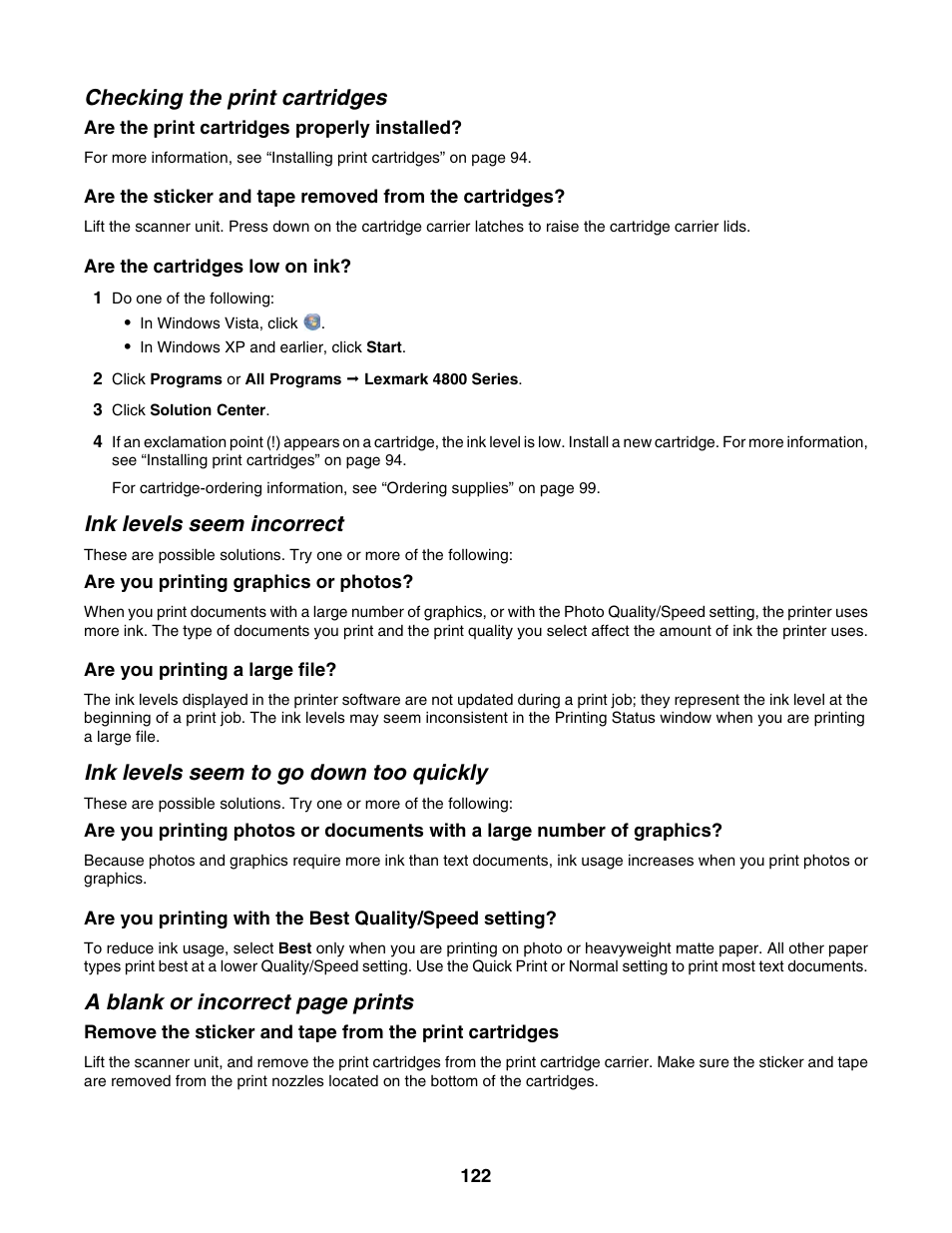 Checking the print cartridges, Ink levels seem incorrect, Ink levels seem to go down too quickly | A blank or incorrect page prints | Lexmark 4800 Series User Manual | Page 122 / 176