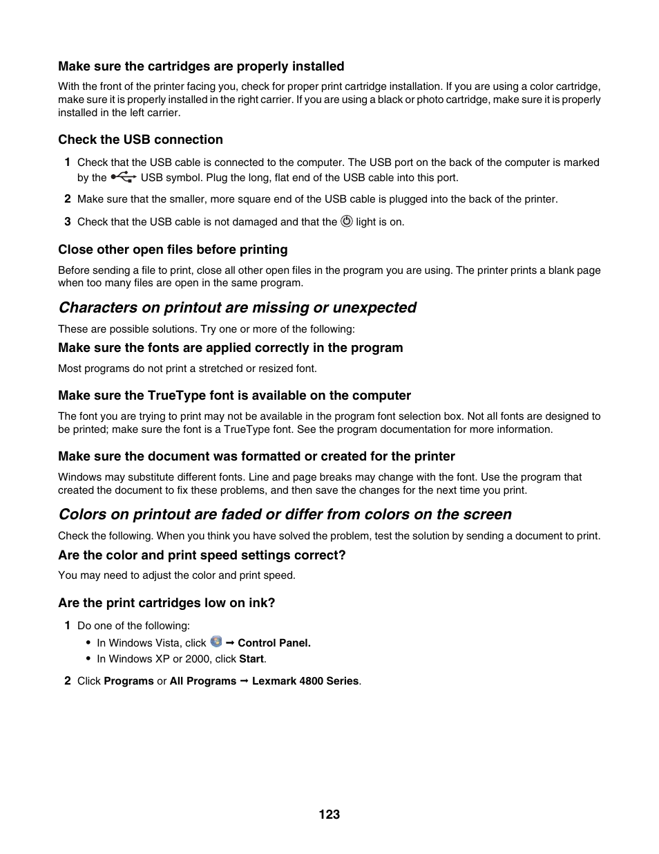 Characters on printout are missing or unexpected | Lexmark 4800 Series User Manual | Page 123 / 176