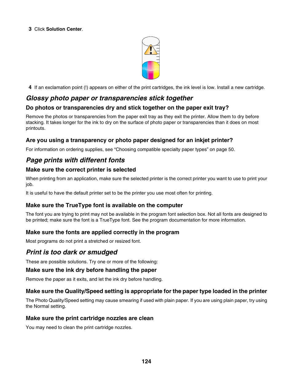 Print is too dark or smudged, Page prints with different fonts | Lexmark 4800 Series User Manual | Page 124 / 176