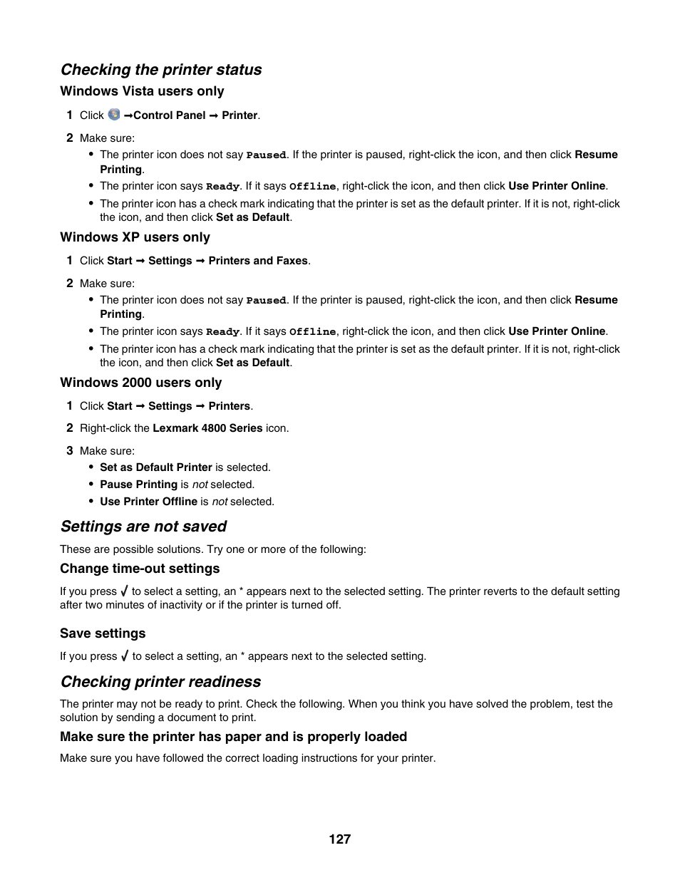 Checking the printer status, Settings are not saved, Checking printer readiness | Lexmark 4800 Series User Manual | Page 127 / 176