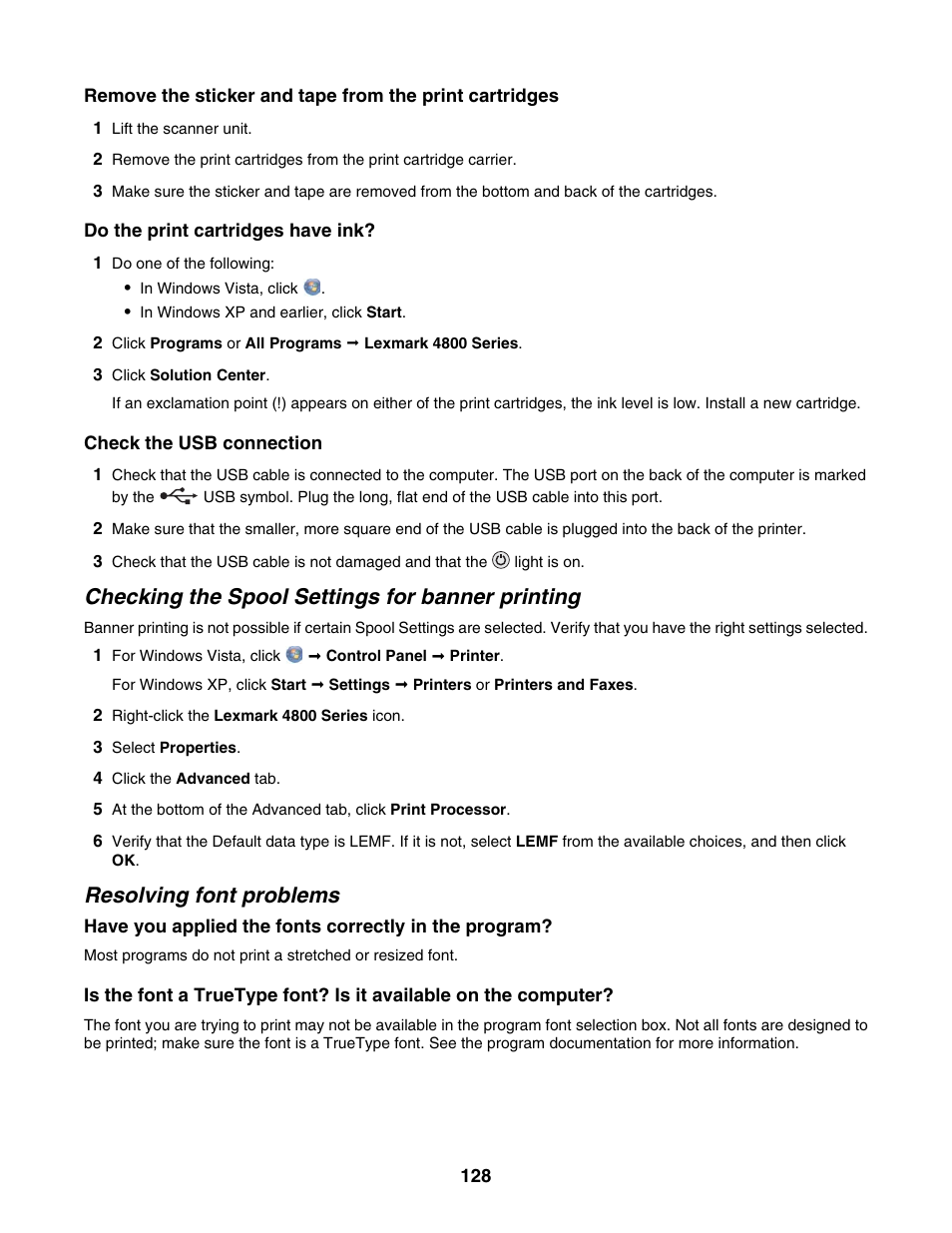 Checking the spool settings for banner printing, Resolving font problems | Lexmark 4800 Series User Manual | Page 128 / 176