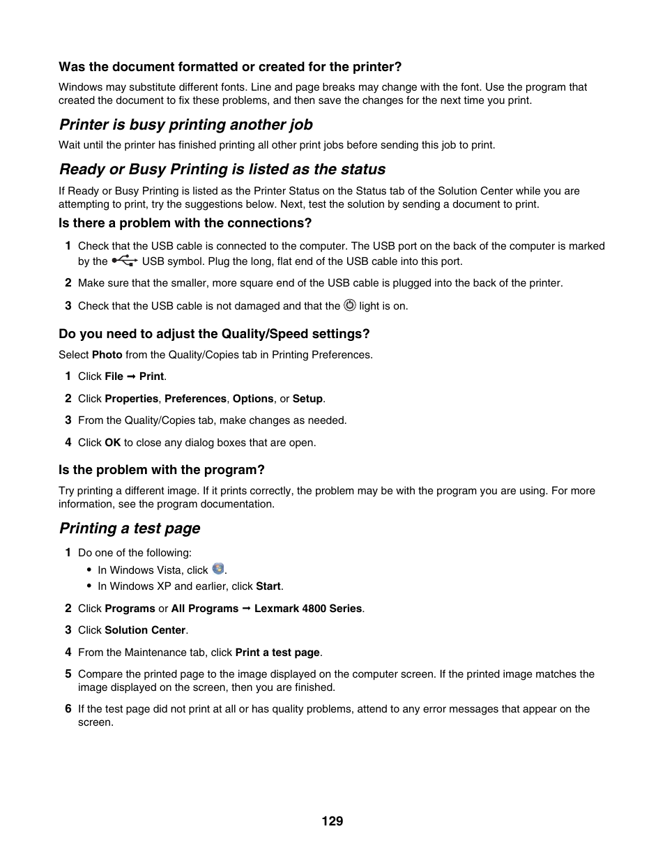 Printer is busy printing another job, Ready or busy printing is listed as the status, Printing a test page | Lexmark 4800 Series User Manual | Page 129 / 176