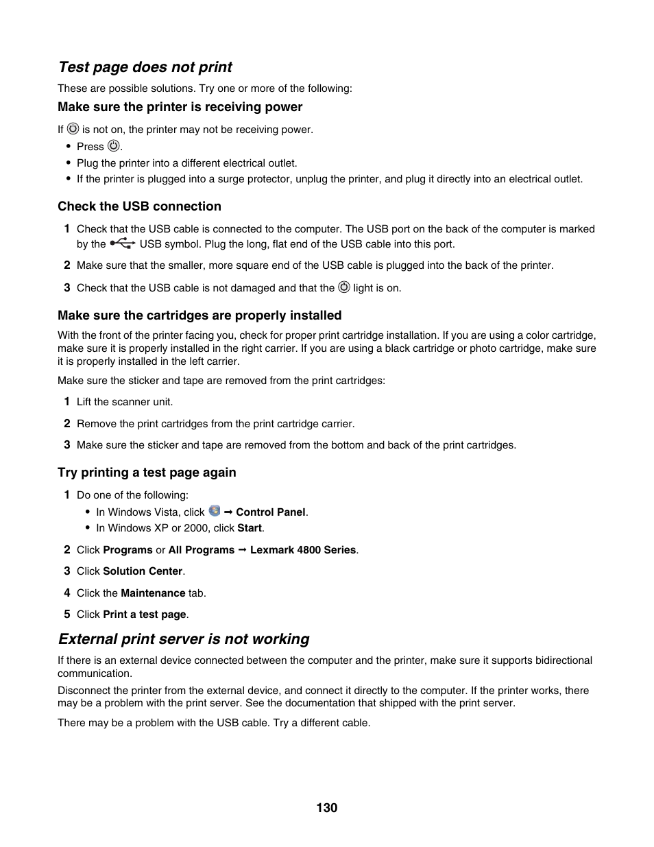 External print server is not working, Test page does not print | Lexmark 4800 Series User Manual | Page 130 / 176