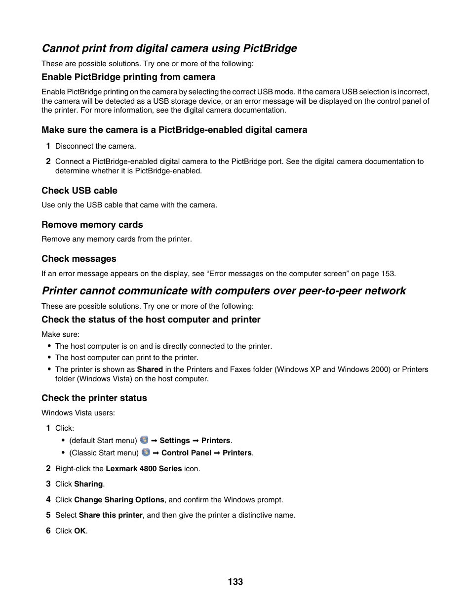 Cannot print from digital camera using pictbridge | Lexmark 4800 Series User Manual | Page 133 / 176