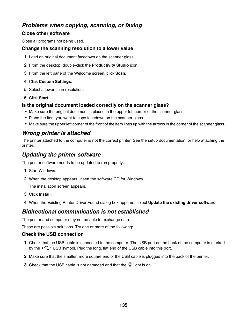 Problems when copying, scanning, or faxing, Wrong printer is attached, Updating the printer software | Bidirectional communication is not established | Lexmark 4800 Series User Manual | Page 135 / 176