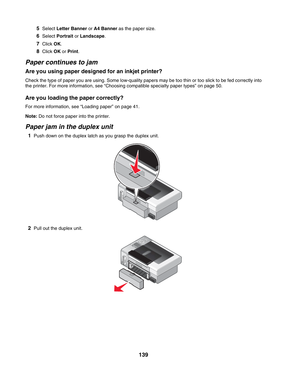 Paper continues to jam, Paper jam in the duplex unit | Lexmark 4800 Series User Manual | Page 139 / 176