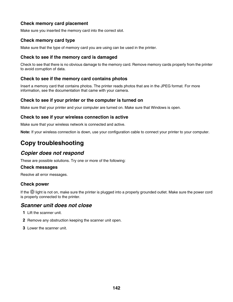 Copy troubleshooting, Copier does not respond, Scanner unit does not close | Lexmark 4800 Series User Manual | Page 142 / 176