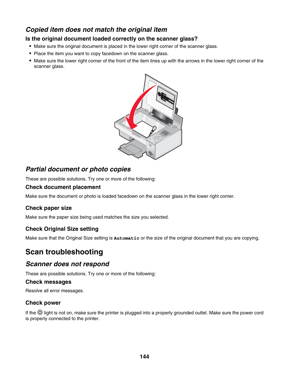 Copied item does not match the original item, Partial document or photo copies, Scan troubleshooting | Scanner does not respond | Lexmark 4800 Series User Manual | Page 144 / 176