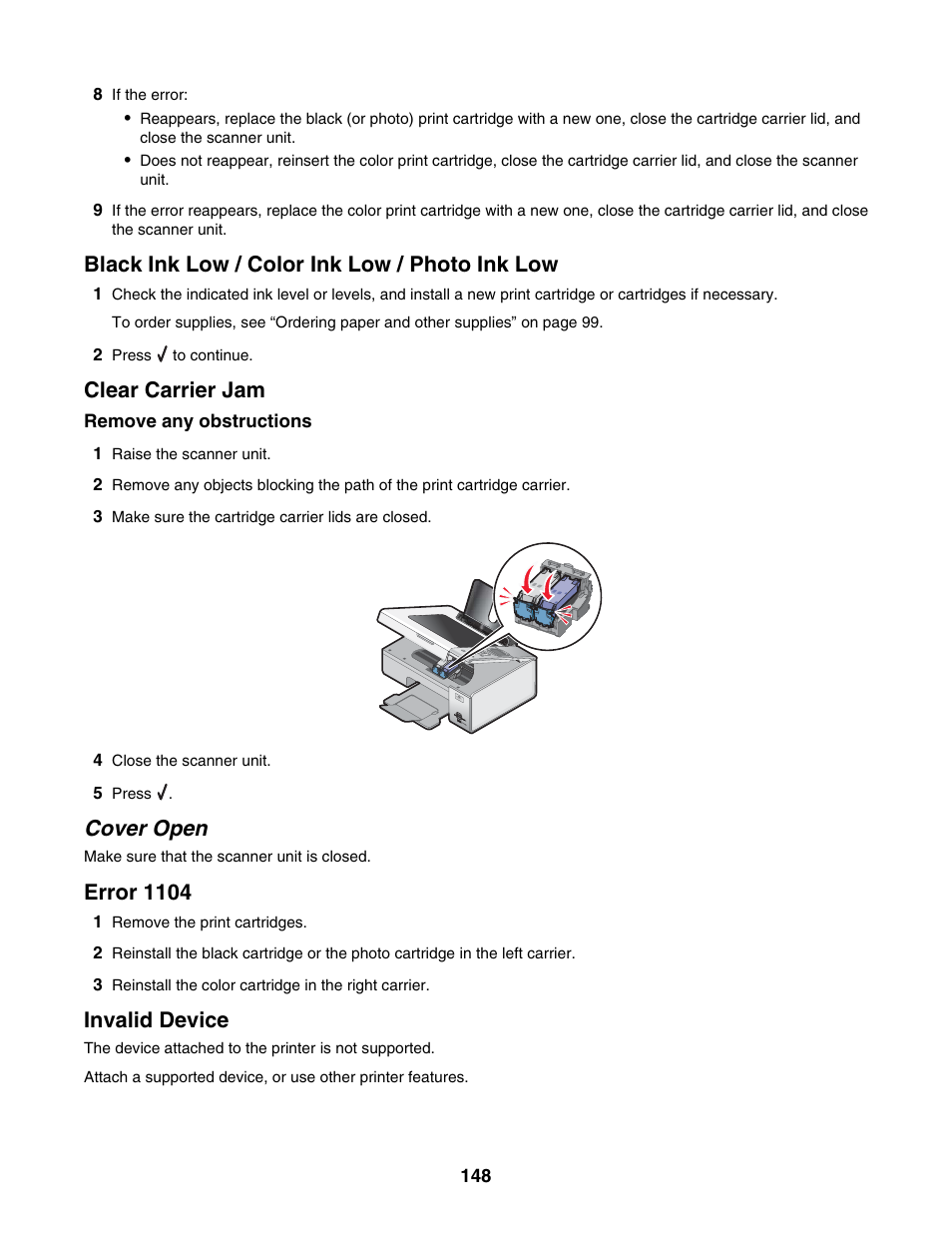 Black ink low / color ink low / photo ink low, Clear carrier jam, Cover open | Error 1104, Invalid device | Lexmark 4800 Series User Manual | Page 148 / 176